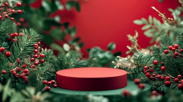 Empty red podium for product photography. Shiny blurred background with bokeh, baubles, decorated Christmas tree and spruce branches. Mockup pedestal on a table..