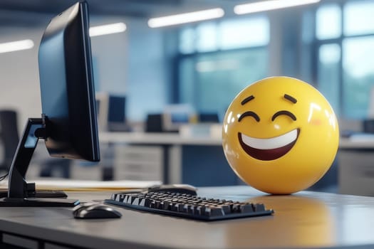 A cheerful emoji figure sits beside a computer in a modern office, illustrating a friendly and inviting workspace filled with technology and creativity.