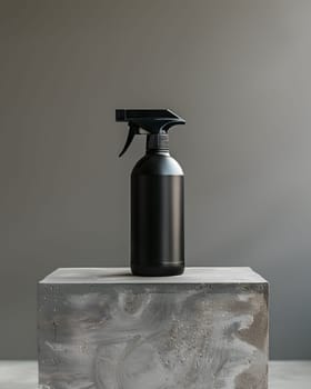 A black plastic spray bottle is placed on a grey concrete block, containing liquid. The cylindershaped bottle contrasts with the solid surface