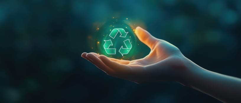 A hand holds a glowing recycle symbol, representing eco-friendliness and sustainability. This captivating image conveys a powerful message about environmental awareness and responsibility.