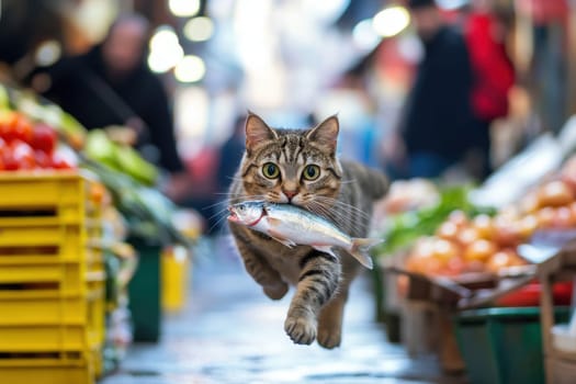 A clever cat dashes through a bustling market, proudly carrying a freshly caught fish in its mouth. The vibrant colors and lively atmosphere capture a moment of playful urban wildlife.