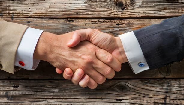 Two individuals in formal wear are sharing a handshake gesture on a wooden table, with ones electric blue sleeve slightly covering the others wrist