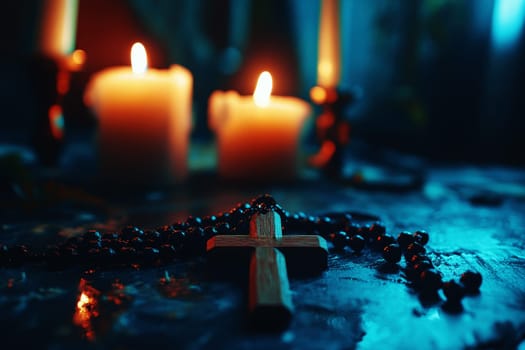 Rosary with Christ on the Cross with candle light background . symbolizing religious prayer concept.