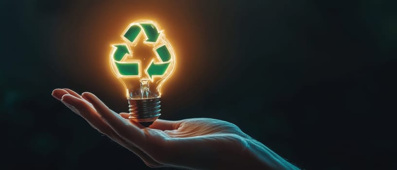 A hand holds a glowing light bulb featuring a recycle symbol, representing eco-consciousness and innovative energy solutions. Perfect for environmental themes.