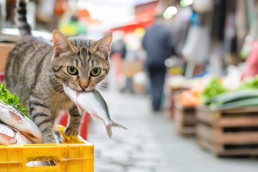 A clever cat elegantly carries a fish in its mouth while navigating a vibrant street market filled with fresh produce and lively activity.