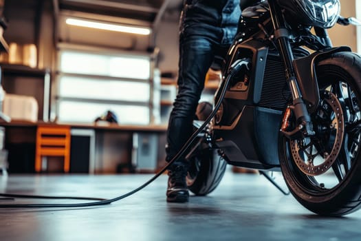 A person is charging an electric motorcycle in a modern workspace. The sleek design and innovative technology highlight a blend of style and efficiency in transportation.