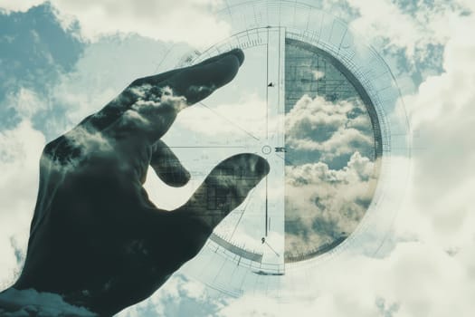 A striking double exposure image featuring a human hand reaching towards a cloudy sky, embodying creativity and a dreamlike atmosphere. Perfect for artistic and conceptual themes.