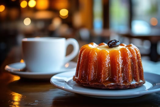 French dessert canele with on a plate with cup of coffee nearby on table . Concept restaurant menu, culinary blog..