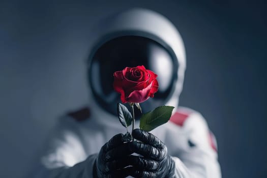 Astronaut holding red rose with blurred background.
