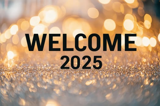 welcome 2025 text isolated on a glowing gold glitter background, symbolizing New Year celebrations and holiday cheer for welcoming 2025..