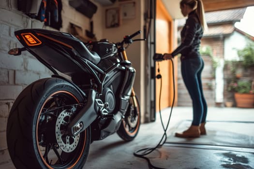A woman stands in a garage, charging her modern electric motorcycle. The sleek design and urban environment highlight the changing landscape of transportation.