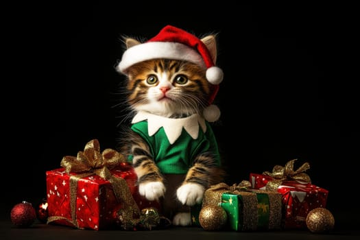 Adorable Kitten in Elf Costume posing with Christmas presents..