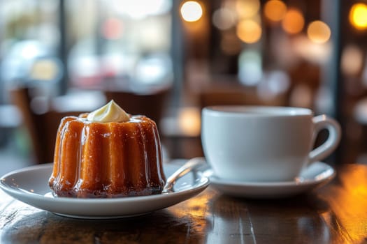 French dessert canele with on a plate with cup of coffee nearby on table . Concept restaurant menu, culinary blog..