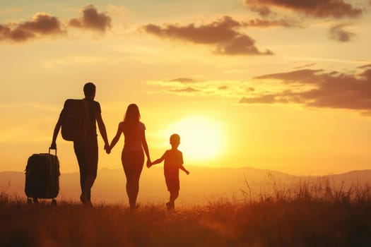 Happy family walking together at sunset, enjoying their vacation.