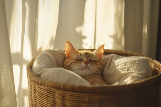 A charming scene of a cat comfortably nestled in a woven basket, basking in warm sunlight by a window, radiating tranquility and relaxation.