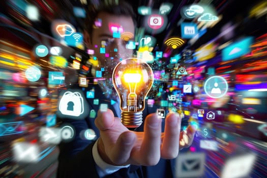 A businessman holds a glowing light bulb in a vibrant digital cityscape, symbolizing innovation and creativity in the modern technology-driven world.