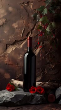 A wine bottle on stone by red roses against a textured wall, blending nature and luxury