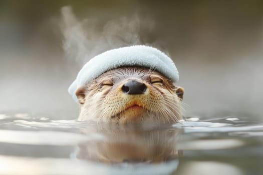 sleepy otter with towel on its head floats in calm water, exuding tranquility.