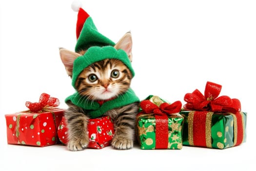 Adorable Kitten in Elf Costume posing with Christmas presents..
