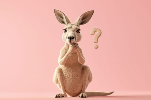 Stylish kangaroo pondering with question mark on pink background.