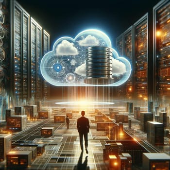 A man stands in front of an abstract cloud filled with data, representing a futuristic cloud service concept.