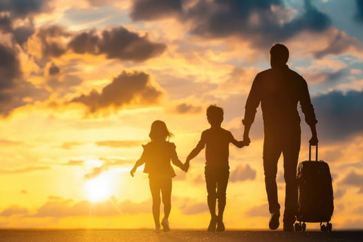 happy family walking together at sunset, enjoying their vacation.