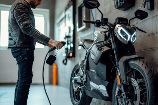 A person is charging a modern electric motorcycle in a stylish garage. The scene captures the blend of technology and contemporary design in a vibrant urban environment.