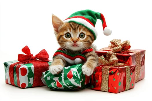 Adorable Kitten in Elf Costume posing with Christmas presents..
