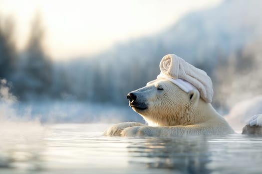polar bear relaxing in water with towel on its head, exuding calmness.