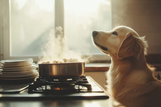 dog curiously watches food cooking on kitchen stove.