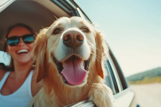 Happy dog and woman enjoying sunny drive together in car.