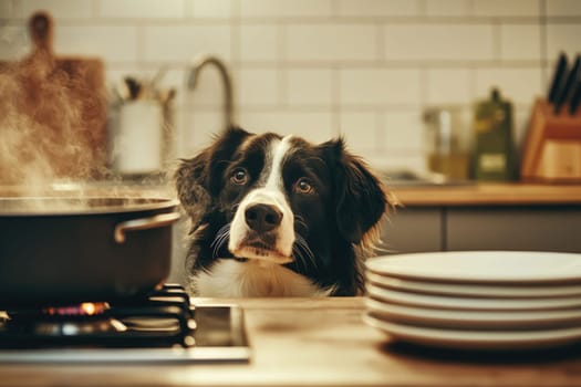 dog curiously watches food cooking on kitchen stove.