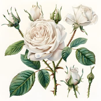 An illustration of a bunch of white roses with green leaves on a white background, showcasing the beauty of hybrid tea roses from the rose family