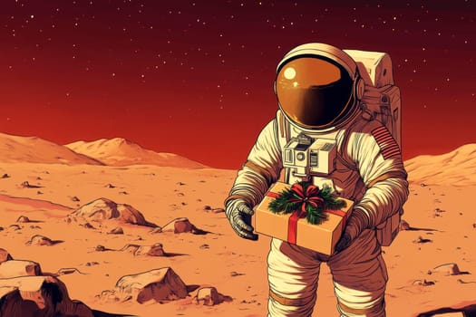 astronaut holding Christmas gift box on space background.
