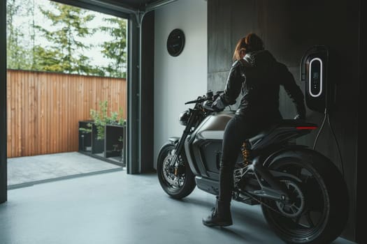 A person charges an electric motorcycle in a modern garage, showcasing sleek design and contemporary living. This image reflects eco-friendly transportation in a stylish indoor setting.