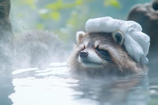Relaxing raccoon in hot spring with towel on its head, serene atmosphere.