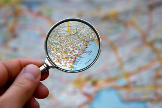 A hand holding a magnifying glass over a map, representing detailed focus and precision in business execution, with soft natural lighting filtering through a window.