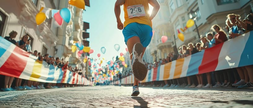 A dynamic close-up shot of a runner racing across the finish line, surrounded by a cheering crowd and colorful decorations. The atmosphere is filled with excitement and energy as the athlete approaches victory.