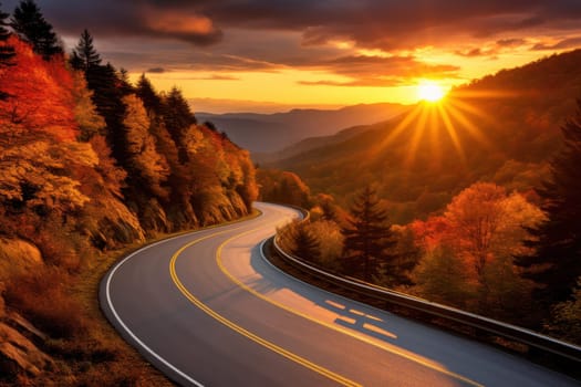 Serene country road lined with vibrant autumn foliage, winding through a picturesque forest under a golden sunset.