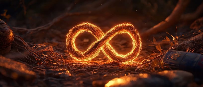 This captivating image features a glowing infinity symbol crafted from intertwined roots, set against a natural backdrop, embodying harmony and creativity.