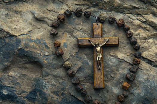 Old wooden Franciscan rosary, on the large Christian cross Jesus on a stone background, religious and faith concept..