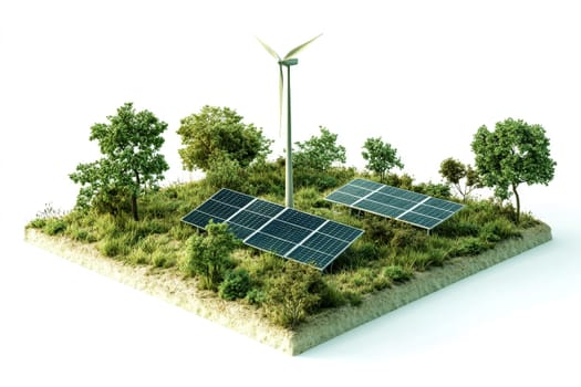 Isometric 3D render of wind turbines solar panels isolated on a white background Depicts alternative renewable power generation and electricity production ..