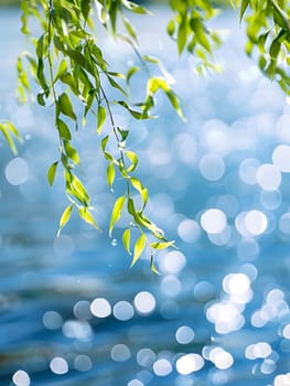 A willow branch hangs over the sparkling water, creating a serene scene in nature