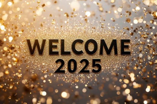 welcome 2025 text isolated on a glowing gold glitter background, symbolizing New Year celebrations and holiday cheer for welcoming 2025..