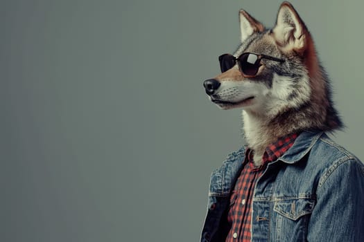 A stylish wolf character wearing sunglasses and a denim jacket poses casually against a muted background, showcasing a unique blend of fashion and wild charm.