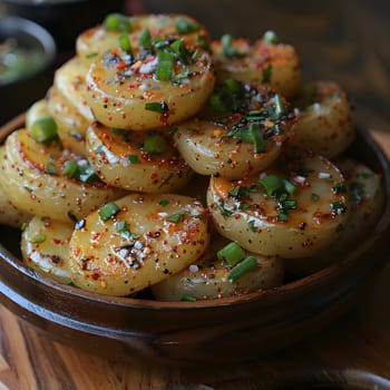 Delicious grilled potato rounds garnished with herbs, spices and green onions