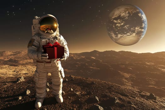 astronaut holding Christmas gift box on space background.