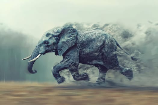 A striking depiction of a running elephant energizing a dusty landscape, showcasing the power and beauty of wildlife in a dynamic setting. Perfect for nature enthusiasts and photographers alike.