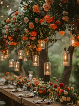 An enchanting display of flower arrangements adorning a long table, with flowers and candles hanging from trees creating a magical ambiance