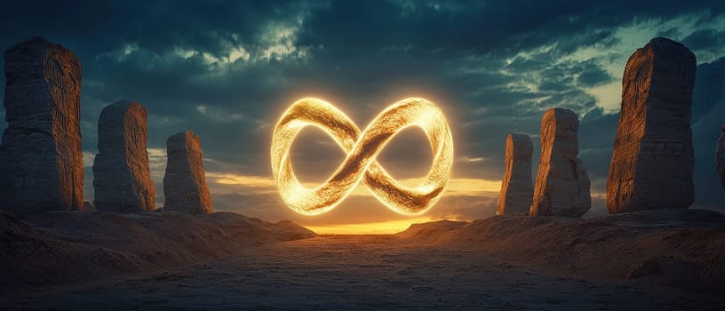 A mesmerizing glowing infinity symbol carved from light emerges at sunset, surrounded by ancient stones. This captivating scene embodies spirituality and creativity.
